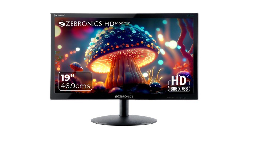 ZEBRONICS Zeb-V19Hd 18.5 Inch (46.99 Cm) Led Monitor with Supporting Hdmi, Vga Input, Hd 1366 X 768 Pixels, 16.7M Colors, Glossy Panel, Slim Design & Wall Mountable, Black