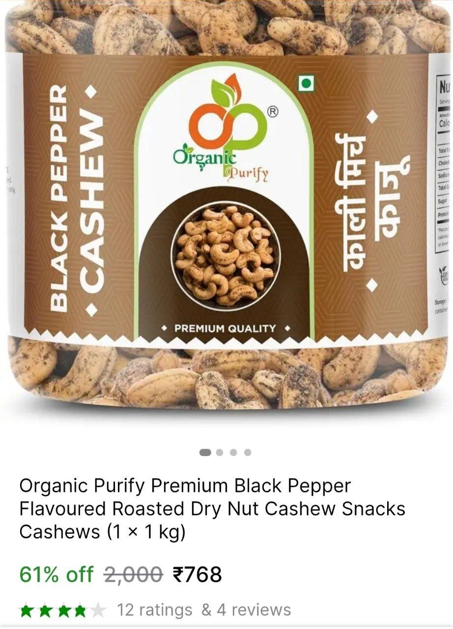Organic Purify Premium Black Pepper Flavoured Roasted Dry Nut Cashew Snacks Cashews Price in India - Buy Organic Purify Premium Black Pepper Flavoured Roasted Dry Nut Cashew Snacks Cashews online at S