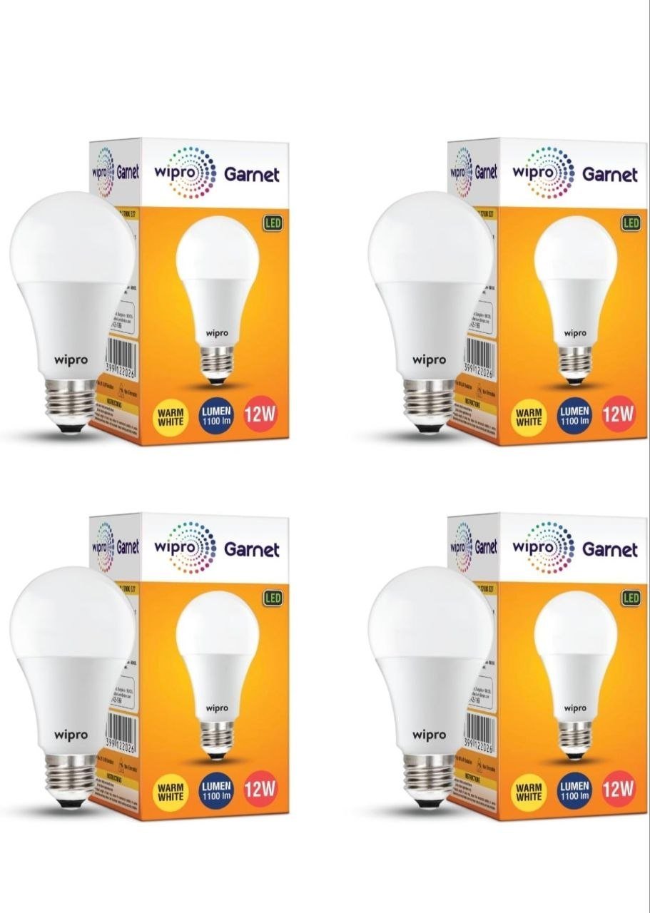 wipro Garnet Base E27 12-Watt LED Bulb (Pack of 4, Yellow)