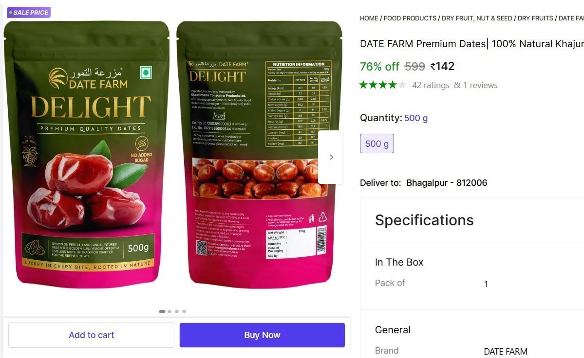 DATE FARM Premium Dates| 100% Natural Khajur| No Added Sugar| Boosts immunity- Dry Dates Price in India - Buy DATE FARM Premium Dates| 100% Natural Khajur| No Added Sugar| Boosts immunity- Dry Dates o