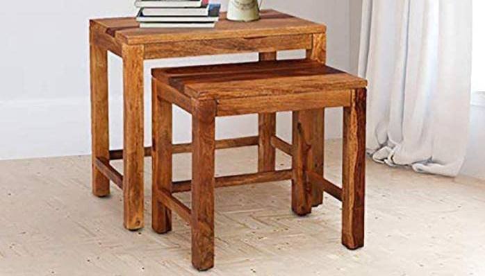 Wooden Sheesham Wood Nesting Table Set of 2 Stools for Living Room