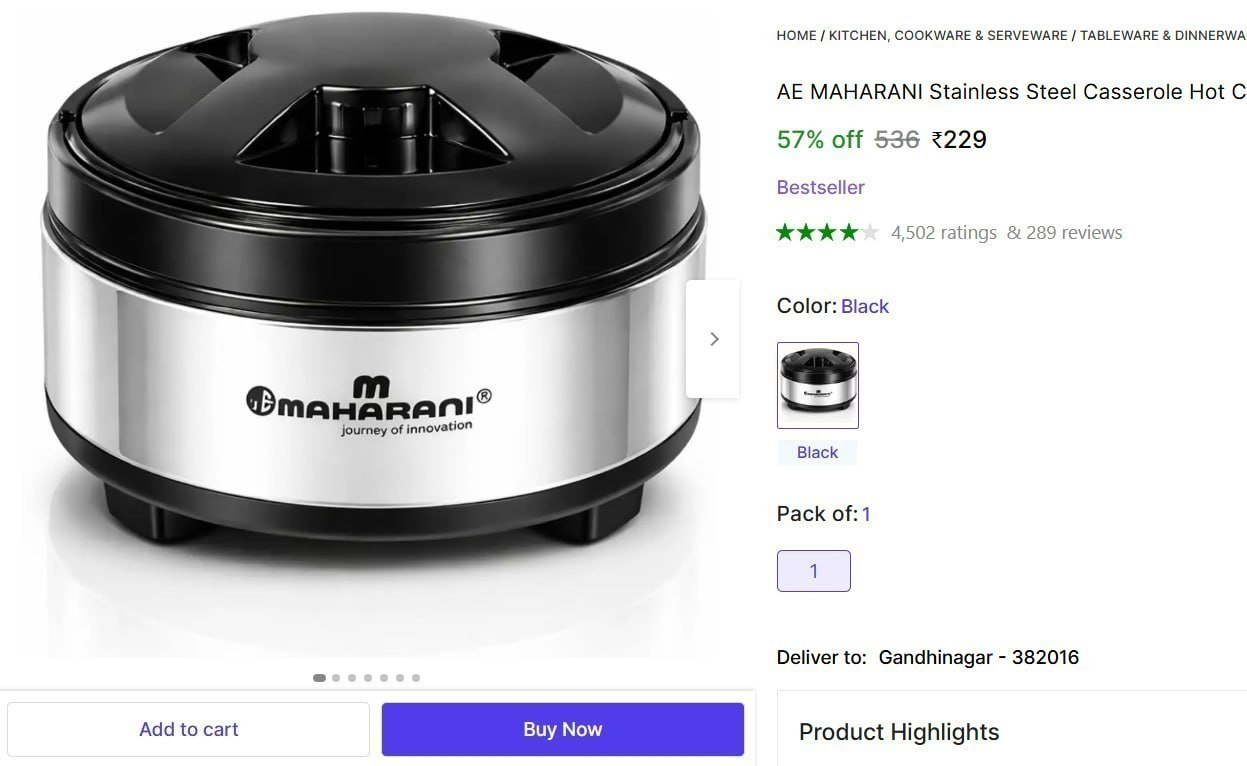 AE MAHARANI Stainless Steel Casserole Hot Case with Lid, (1200 ml, Black and Silver) Thermoware Casserole Price in India - Buy AE MAHARANI Stainless Steel Casserole Hot Case with Lid, (1200 ml, Black