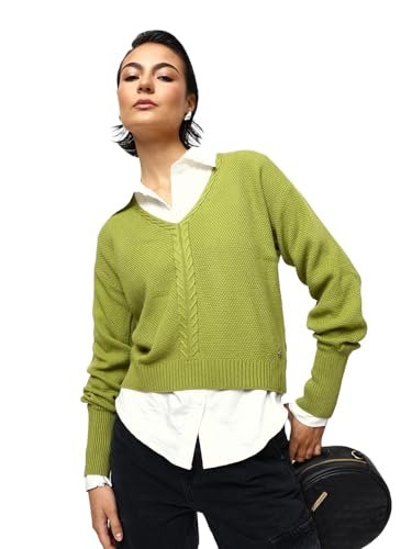High Star Women Knitted Acrylic Relaxed Fit V Neck Long Sleeve Sweaters