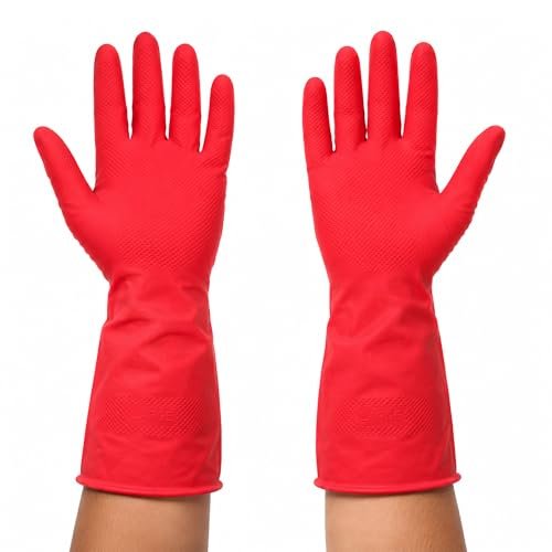 AM Safe-X Rubber Cleaning Gloves for Kitchen & Household 1 Pair|Heavy Duty Reusable Rubber Gloves|Waterproof, Non-Slip Grip, Chemical Resistant Gloves for Dishwashing, Bathroom & Home Cleaning