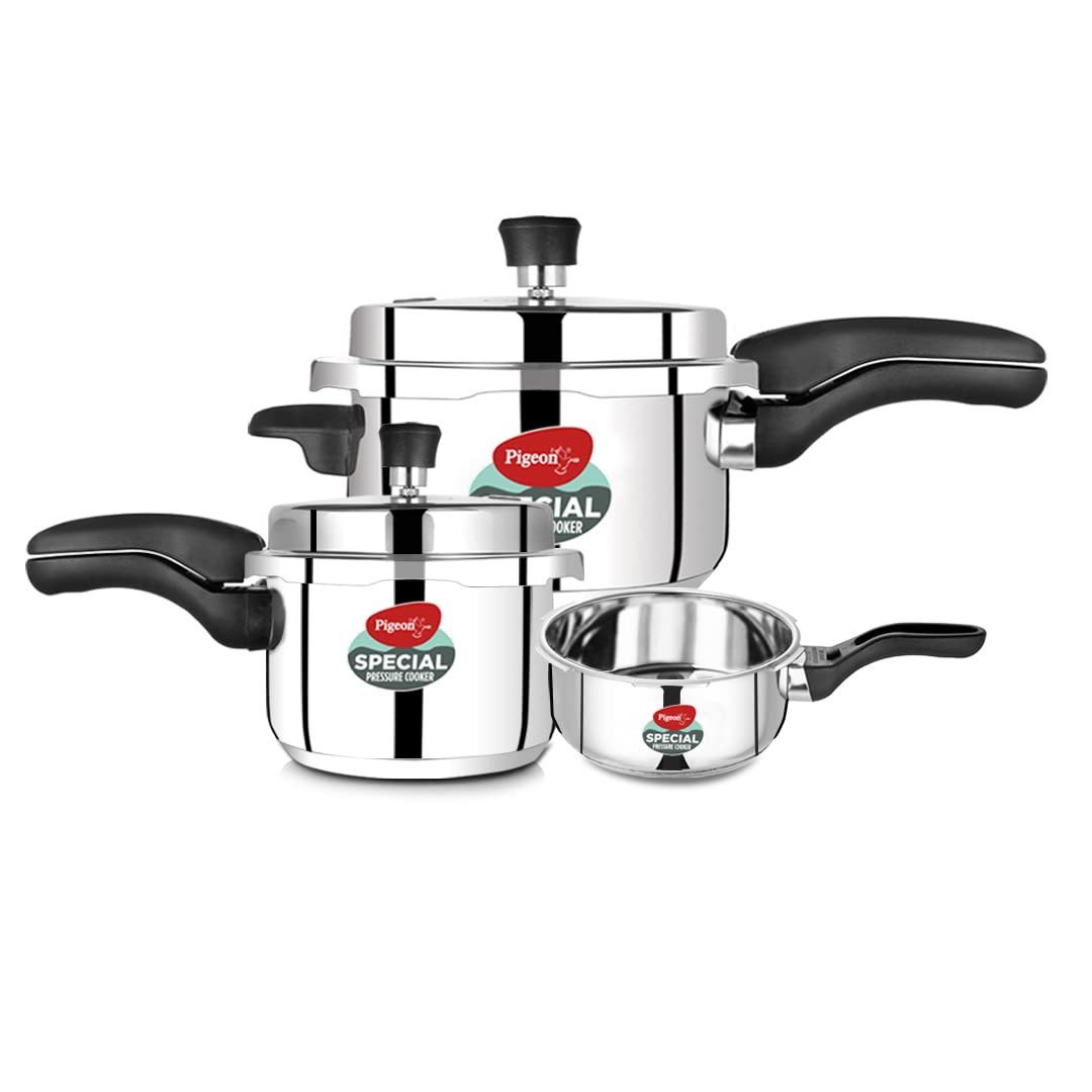 Pigeon By Stovekraft Special Stainless Steel Pressure Cooker with Outer Lid Induction and Gas Stove Compatible 2, 3, 5 Litre Capacity for Healthy Cooking(Special comb pack -IB)