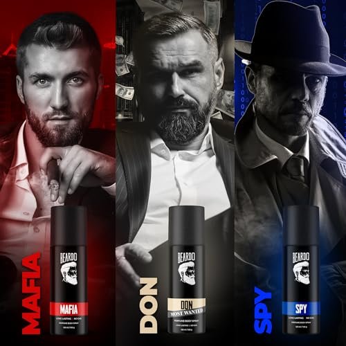 Beardo Deodorant Perfume Body Spray Set For Men (120ml x 3) | Spy Deo Aromatic Fresh Scent | Mafia Oriental Woody Notes | Don Most Wanted Citrus Musk Fragrance | Christmas gift for men | Gift For Frie