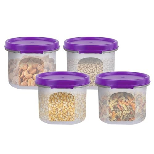 SIMPARTE Smart Slim Storage Air-Tight & Leak Resistant Plastic Round Modular Container For Juice, Snacks, Cookies, Wafers,Chia Seeds Stackable, BPA Free, Refrigerator Safe, Set of 4 (250ML, Purple