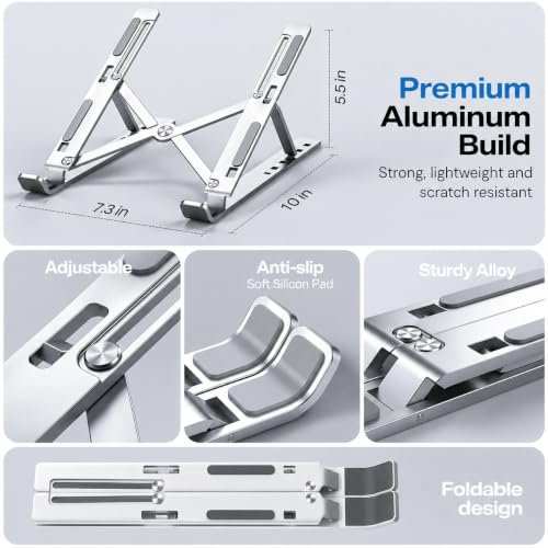 Adjustable Aluminum Laptop Stand, 6-Level Foldable Riser | Foldable Ergonomic Riser, 6-Level Height Adjustable, Portable, For MacBook, HP, Dell, Lenovo, Up to 17.3 Inch Laptops