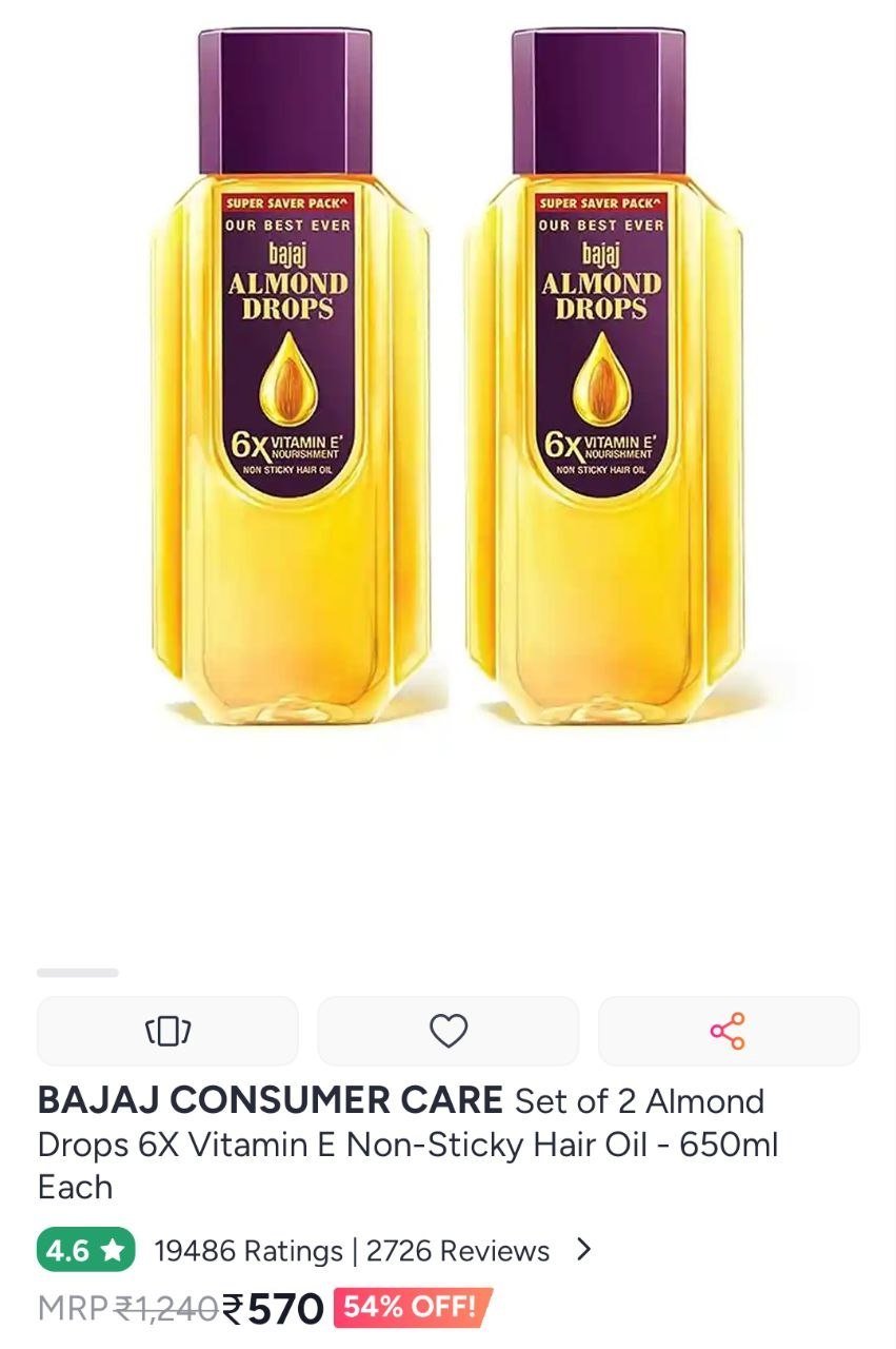 BAJAJ CONSUMER CARE Set of 2 Almond Drops 6X Vitamin E Non-Sticky Hair Oil - 650ml Each at 54% off