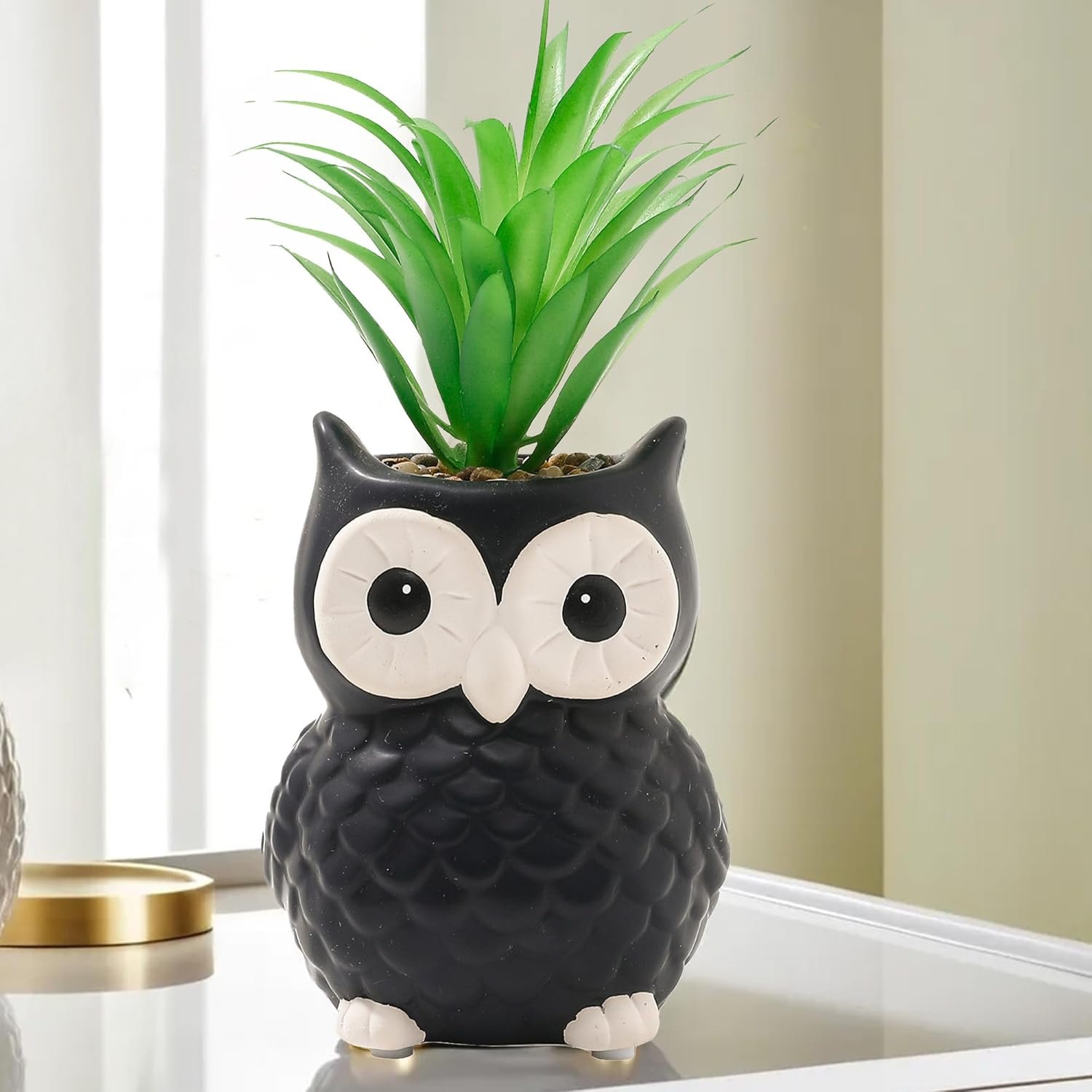 The Better Home Artificial Plants with Pot (21cm Owl Shaped, Green Pineapple Leaves) | Artificial Plants for Decoration | Small Artificial Plant with Pot for Living Room, Bedroom & Office Desk