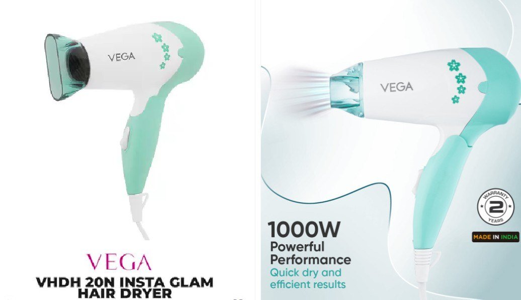 VEGA VHDH-20N Insta Glam Foldable 1000 Watts Hair Dryer