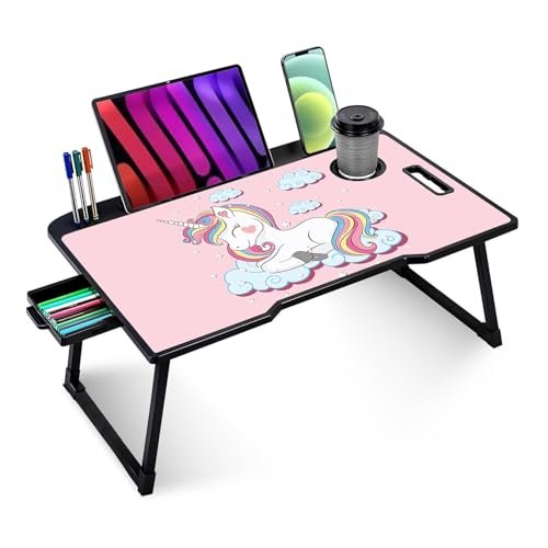 TEKCOOL Smart Multipurpose Foldable Laptop Table with Cup Holder, Study Table, Bed Table, Breakfast Table, Foldable and Portable/Ergonomic & Rounded Edges/Non-Slip Legs (New Unicorn)'