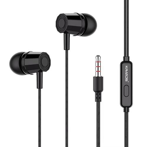 Kratos E02 Black Wired Earphones with 3.5mm Jack in-line Mic Control for Clear Calling & Music, Multi-Functional Controller,Sweat Resistant,Comfort Fit Wired Ear Phones,Compatibility with All Mobi