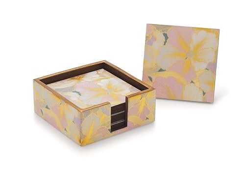 Attro Coaster 6Pcs Square Wooden Coaster Set for Room Décor, Office, Tea, Coffe and Drink - 6pcs Petal Gold