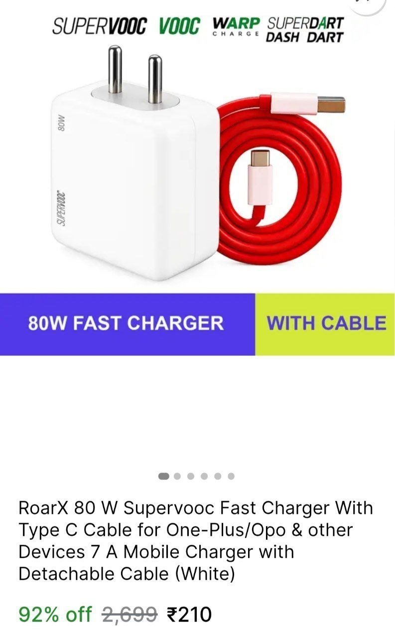 RoarX 80 W Supervooc Fast Charger With Type C Cable for One-Plus/Opo & other Devices 7 A Mobile Charger with Detachable Cable Price in India - Buy RoarX 80 W Supervooc Fast Charger With Type C Cab