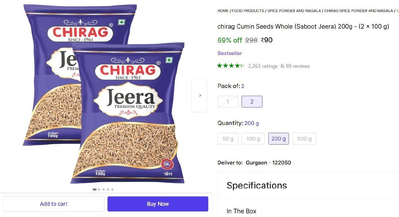 chirag Cumin Seeds Whole (Saboot Jeera) 200g - Price in India - Buy chirag Cumin Seeds Whole (Saboot Jeera) 200g - online at Shopsy.in