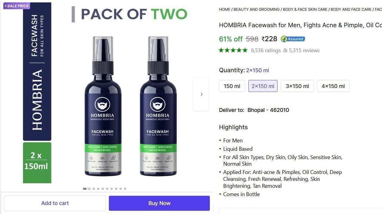 HOMBRIA Facewash for Men, Fights Acne & Pimple, Oil Control, Brightening, All Skin Types Face Wash - Price in India, Buy HOMBRIA Facewash for Men, Fights Acne & Pimple, Oil Control, Brightenin