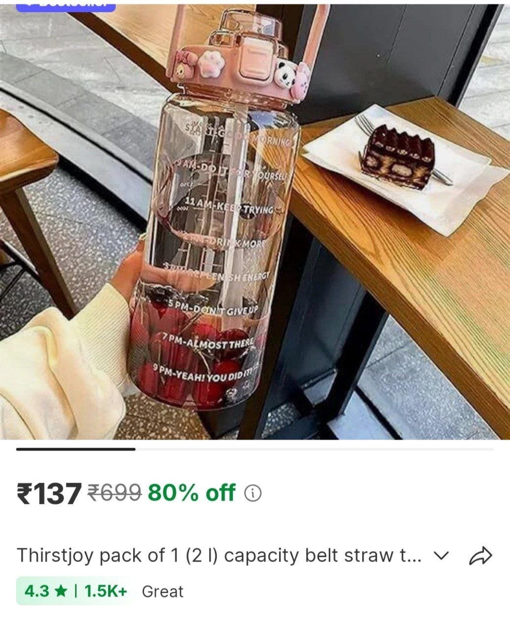 ThirstJoy Pack of 1 (2 L) Capacity Belt Straw Transparent Motivational with Time Marker Leak proof 2000 ml Bottle Plastic Price in India - Buy ThirstJoy Pack of 1 (2 L) Capacity Belt Straw Transparent