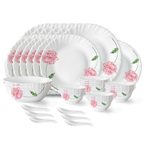 Larah by Borosil Red Mist Fluted Series Opalware Dinner Set | 33 Pieces for Family of 6 | Microwave & Dishwasher Safe | Bone-Ash Free | Crockery Set for Dining & Gifting | Plates & Bowls |