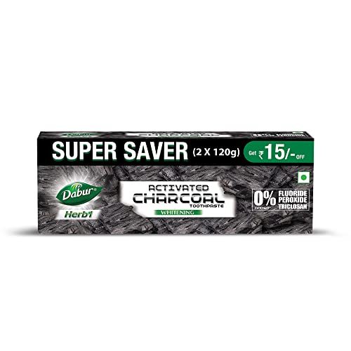 DABUR Herb'L Activated Charcoal Toothpaste 240G (120G x2, Pack of 2) | Whitening Black Gel Toothpaste | Fluoride Free | Fights Plaque & Extrinsic Stains | With Power of Mint | Cool & Refre