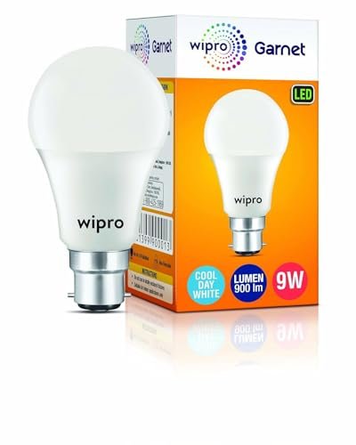 wipro Garnet 9W LED Bulb for Home & Office |Cool Day White (6500K) | B22 Base|220 Degree Light Coverage |4Kv Surge Protection |400V High Voltage Protection |Energy Efficient | Pack of 1