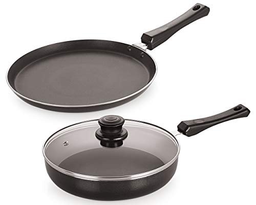 Nirlon 2 Pcs Alumnium Nonstick Gift Set Including Induction Roti/Dosa Tawa & Induction Frying Pan with Lid -IND_FT28_FP24