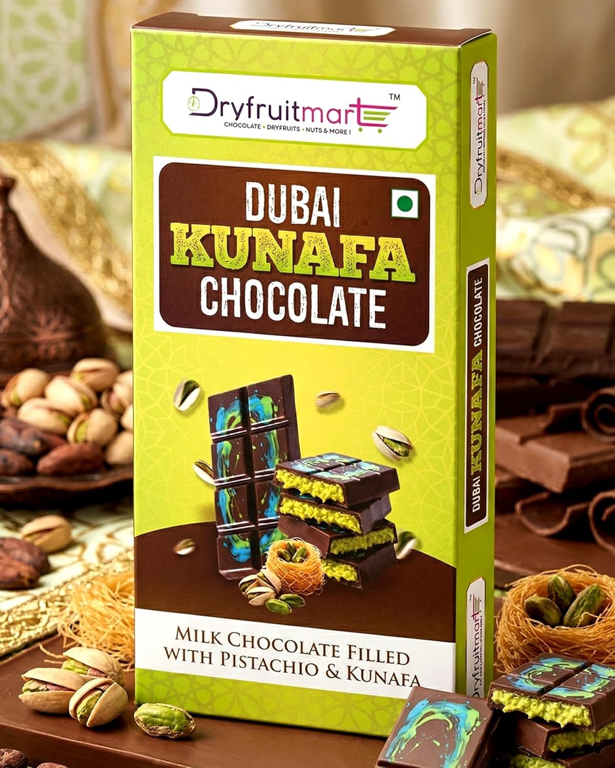 Dubai Kunafa Chocolate Bar, Filled With Crunchy Pistachio Kunafa