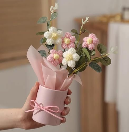 1pcs Artificial Crochet Flower Bouquet Flowers Bunch Gift for Girls Home Décor Gifting with Handmade Yarn Knitted Floral & Office Cute Decorative Item Woolen Women Decor (Design 1)
