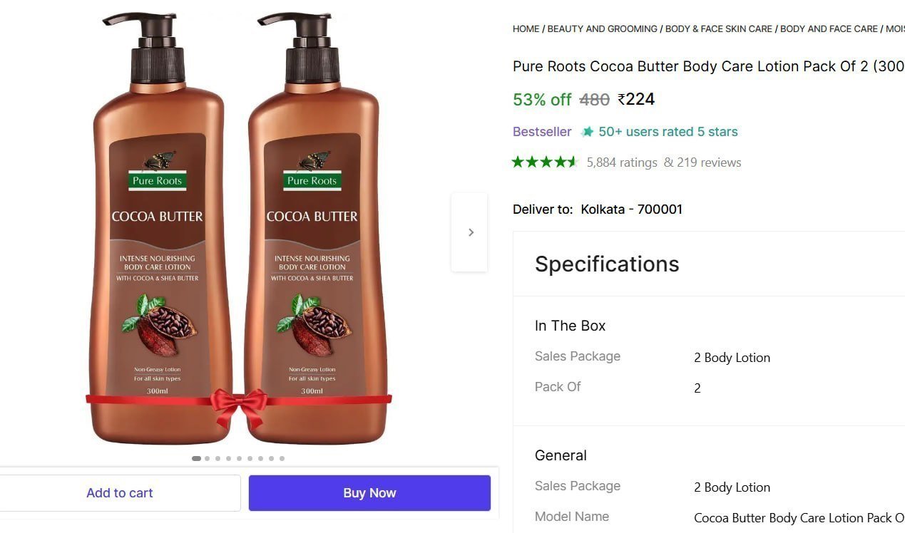 Pure Roots Cocoa Butter Body Care Lotion Pack Of 2 (300ml * 2) Price in India - Buy Pure Roots Cocoa Butter Body Care Lotion Pack Of 2 (300ml * 2) online at Shopsy.in