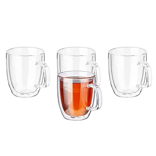 Amazon Brand - Solimo Borosilicate Glass Tea Cup, Double Wall, Extra-Wide, Heat-Resistant, Crystal-Clear, Ideal for Tea, Coffee and Other Beverages (Set of 4, 350 Ml Each)