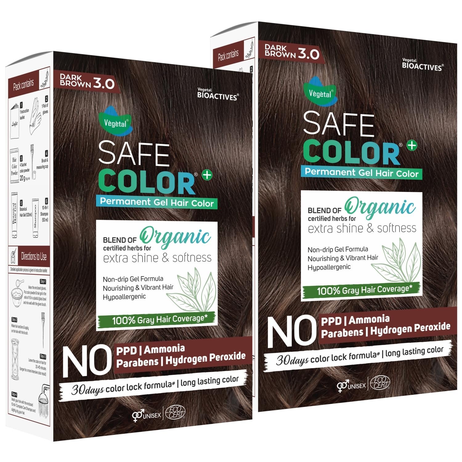 Vegetal Safe Color Dark Brown 3.0, 70ml. (Pack of 2) Permanent Gel Hair Colour, Organic Herbs Blend, Chemical-Free, 100% Grey Coverage