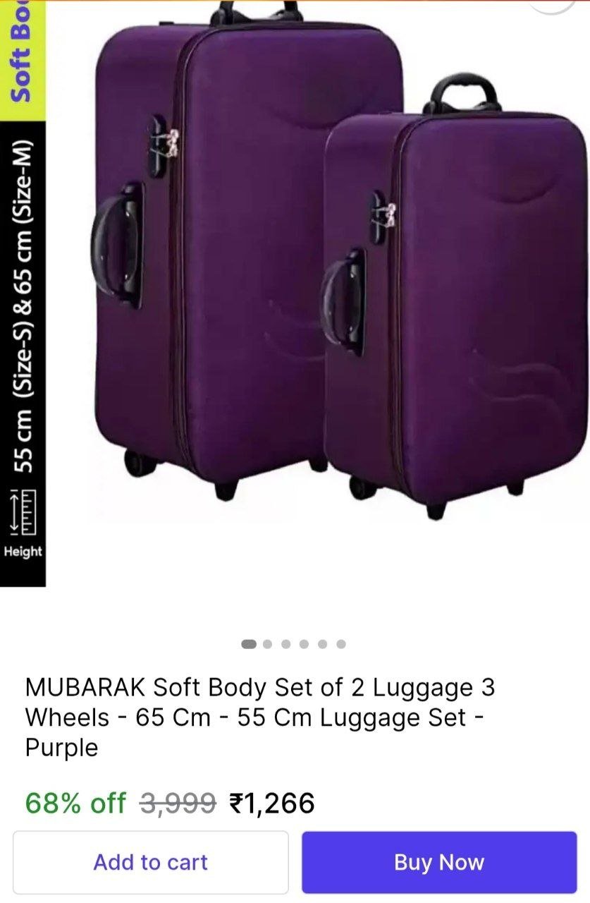 MUBARAK Soft Body Set of 2 Luggage 3 Wheels - 65 Cm - 55 Cm Luggage Set - Purple Price in India - Buy MUBARAK Soft Body Set of 2 Luggage 3 Wheels - 65 Cm - 55 Cm Luggage Set - Purple online at Shopsy.