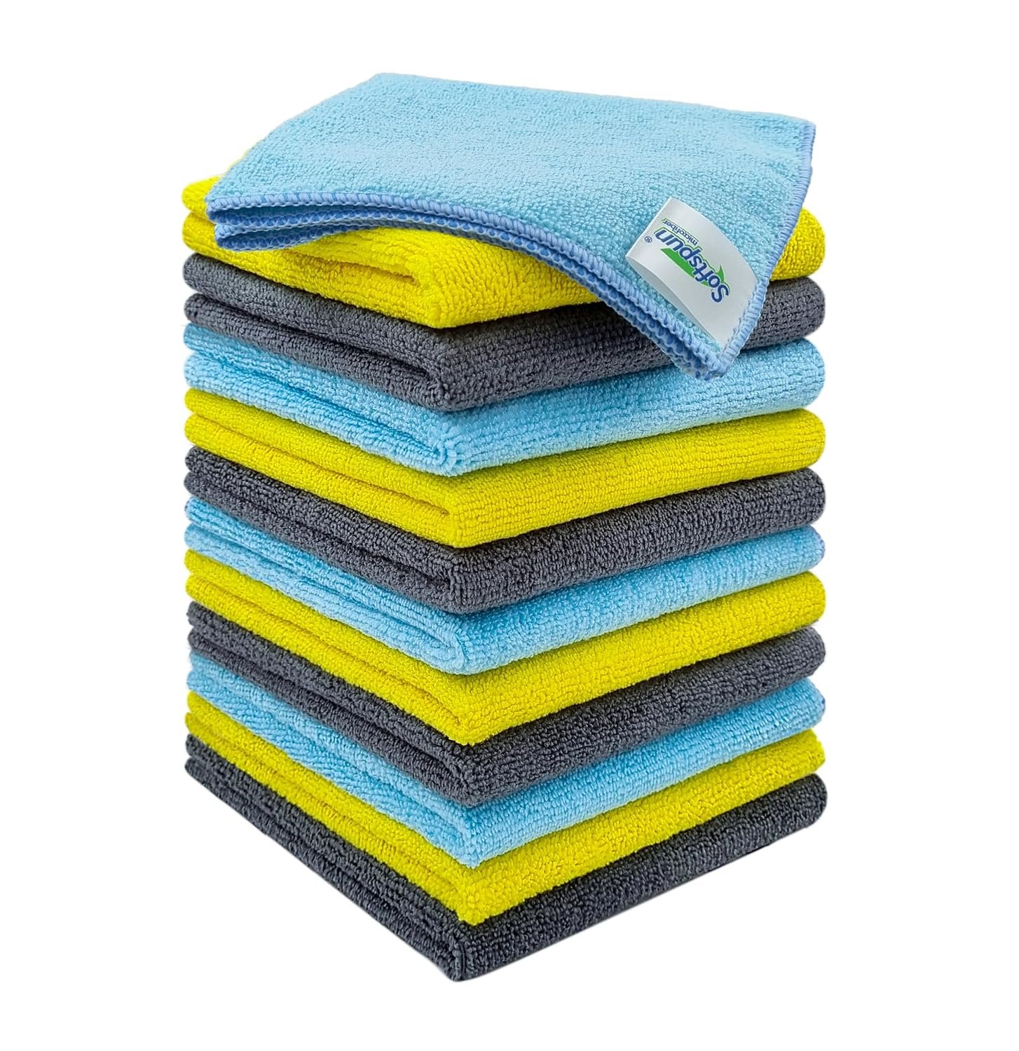 SOFTSPUN Microfiber Cleaning Cloths, 12pcs 30x30cms 220 GSM Multi-Colour! Highly Absorbent Lint and Streak Free Multi -Purpose Wash Cloth for Kitchen Window Stainless Steel Silverware