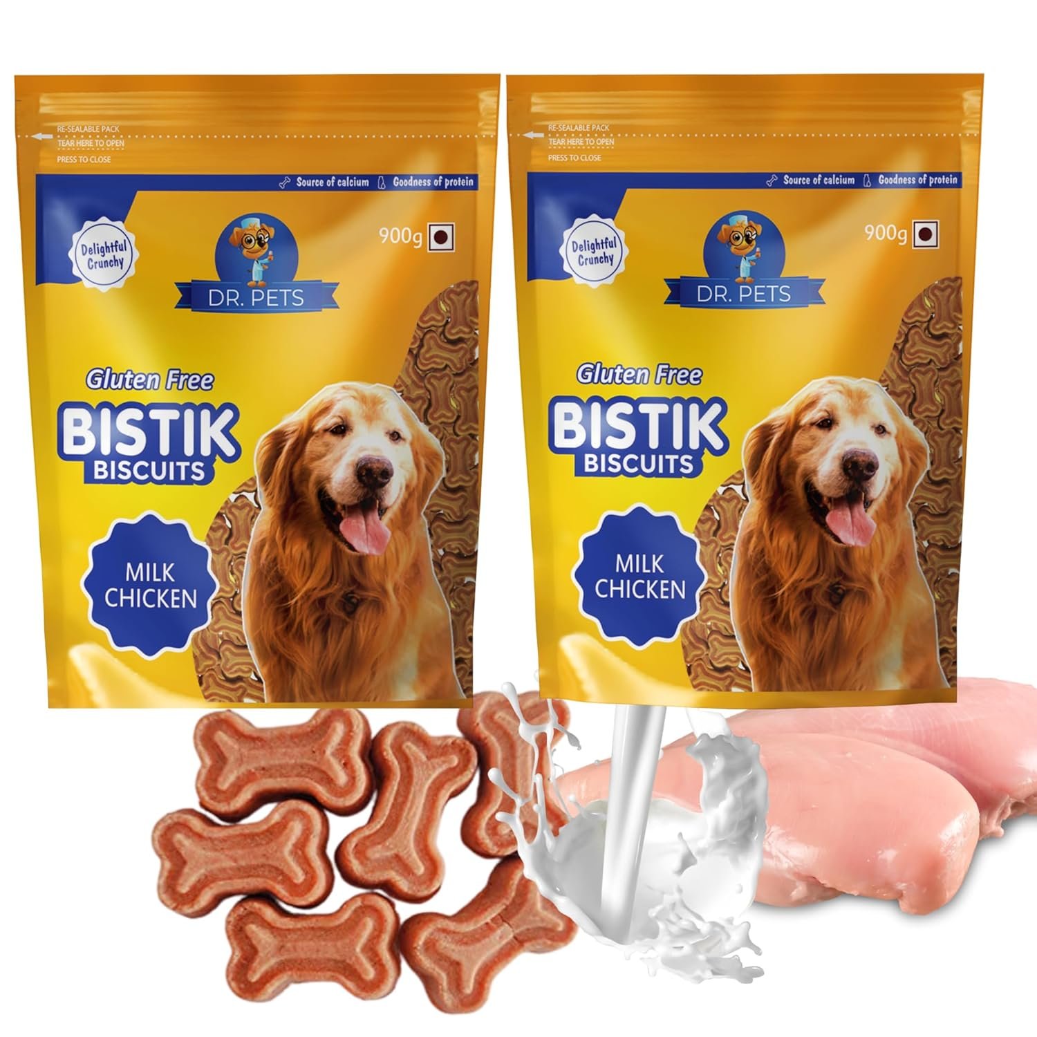Dr. Pets Pack of 2 (900g Each) Bistik Dog Biscuits Milk Chicken Flavor | Gluten Free Dog Treats | Supports Digestion & Bone Health | Crunchy Daily Snacks for Puppies & Adult Dogs