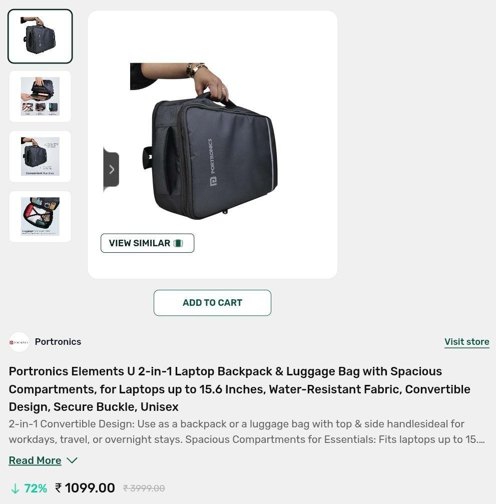 Flat 72% Off on Portronics Elements U 2-in-1 Laptop Backpack & Luggage Bag @