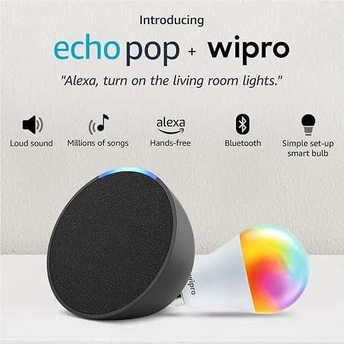 Amazon Echo Pop (Black) Smart Home Speaker Combo with Wipro Simple Setup 9W LED Smart Bulb | with Bluetooth and Alexa