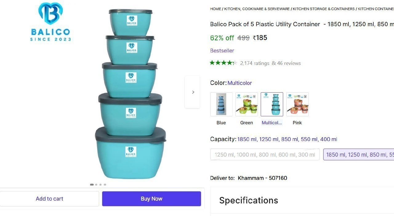 Balico Pack of 5 Plastic Utility Container  - 1850 ml, 1250 ml, 850 ml, 550 ml, 400 ml Multicolor Price in India - Buy Balico Pack of 5 Plastic Utility Container  - 1850 ml, 1250 ml, 850 ml, 550 ml, 4