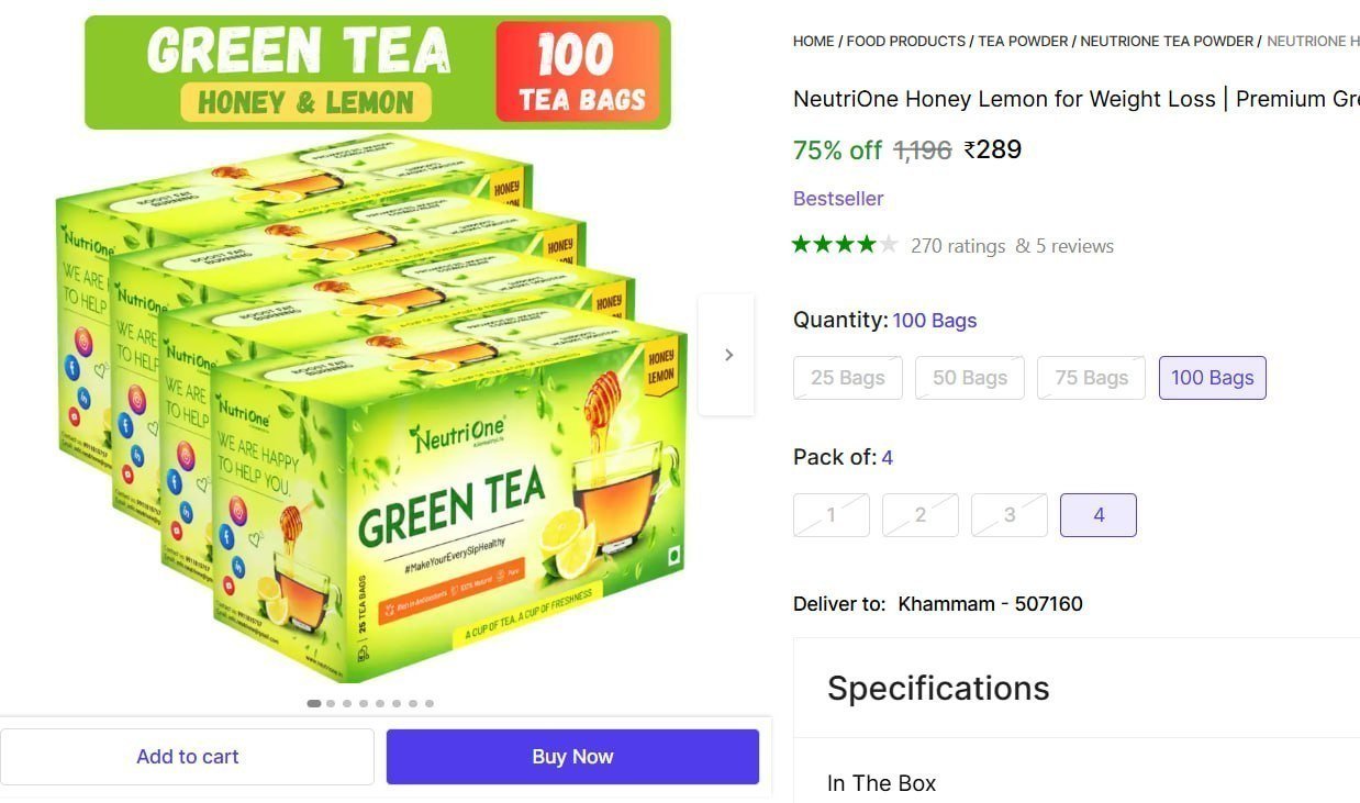 NeutriOne Honey Lemon for Weight Loss | Premium Green Tea Leaves |Vitamin C & Antioxidants Honey, Lemon Green Tea Bags Box Price in India - Buy NeutriOne Honey Lemon for Weight Loss | Premium Gree