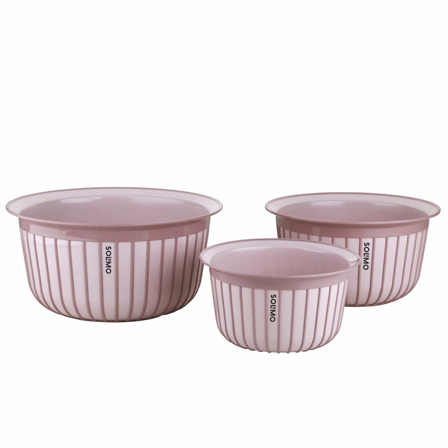 Amazon brand - Solimo Plastic Linea Containers without Lid Food Grade Set of 3(1.3L,2.3L and 3.8L) |BPA-Free Multipurpose Kitchen Bowls for Mixing and Serving, Coral Peach