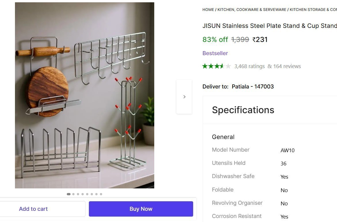 1 Small Plate Stand, 1 Cup Stand, 1 Chakla Belan Stand, 1 Hook Rail