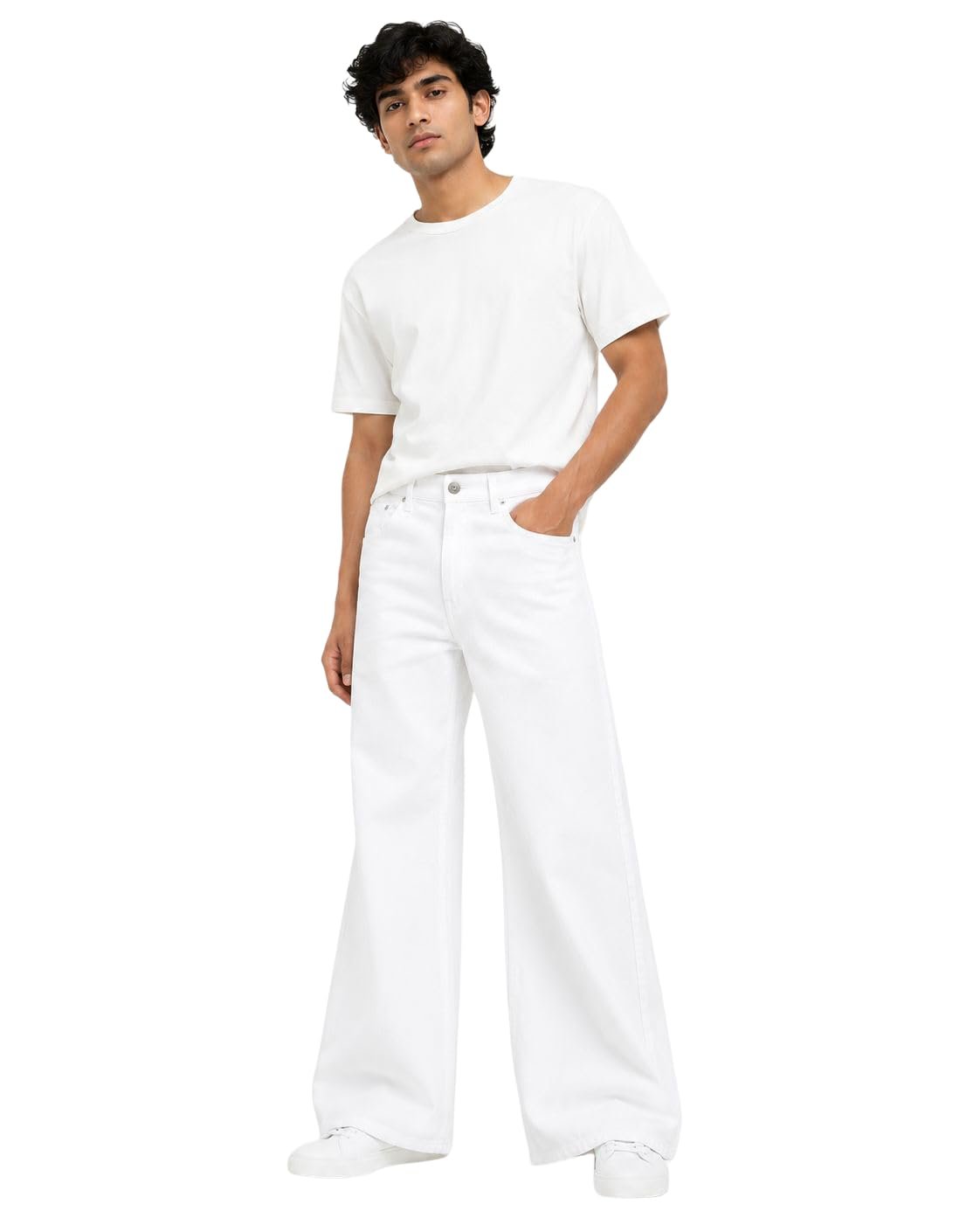 Men's Wide-Leg Jeans, High-Rise Denim Pants, Relaxed Fit, Classic 5-Pocket Style, Button Closure, Casual Streetwear