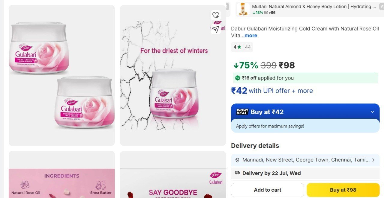 Dabur Gulabari Moisturizing Cold Cream with Natural Rose Oil Vitamin E 50ml 2pc