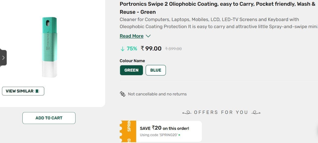 Portronics Swipe 2 Oliophobic Coating, Pocket friendly, Wash & Reuse - Green FLAT 75% OFF
