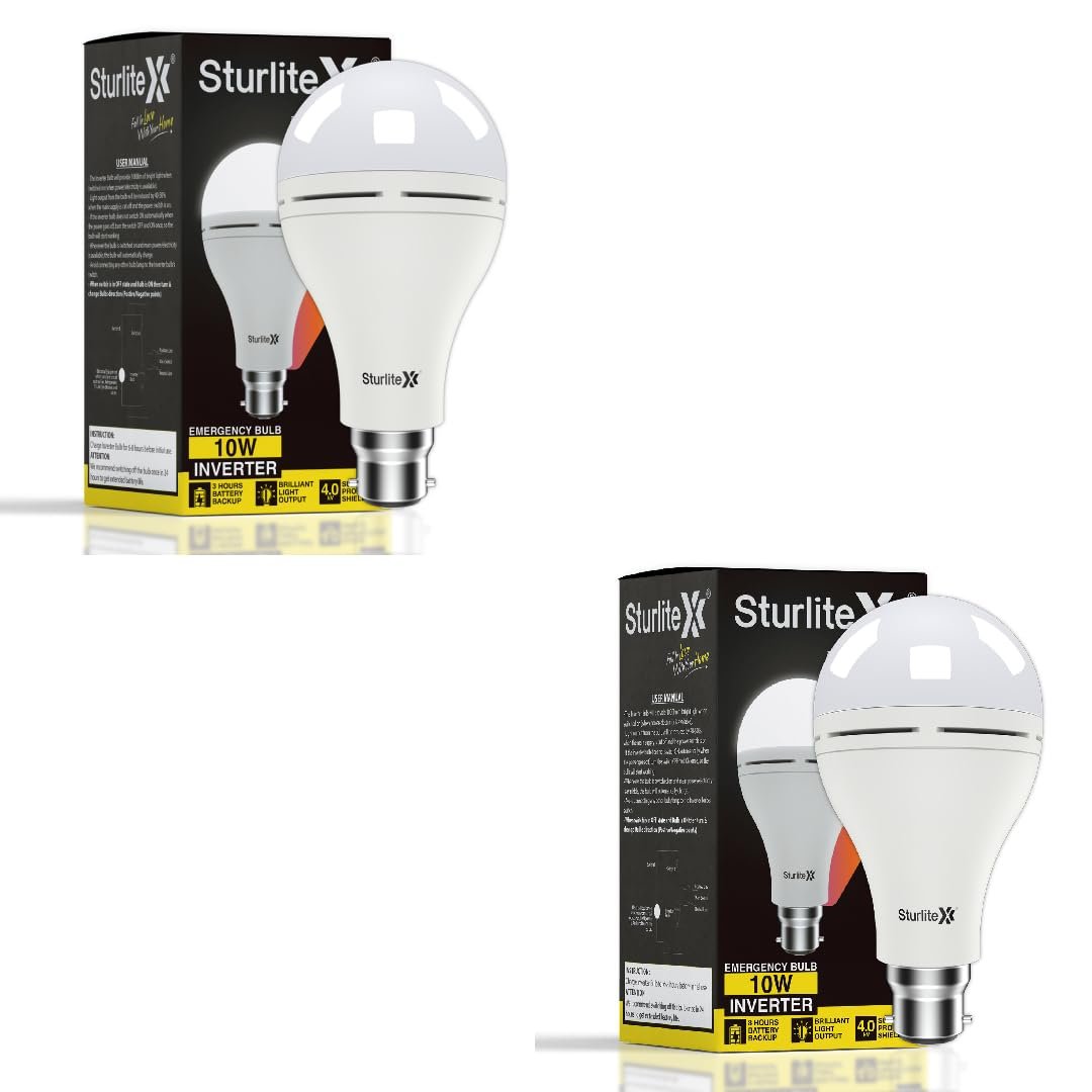 Sturlite Inverter 10W LED Emergency Bulb| Bright Rechargeable Bulb| 3Hrs Battery Backup| CRI Tech and B22 Base Energy Efficient Lighting (Pack of 2)