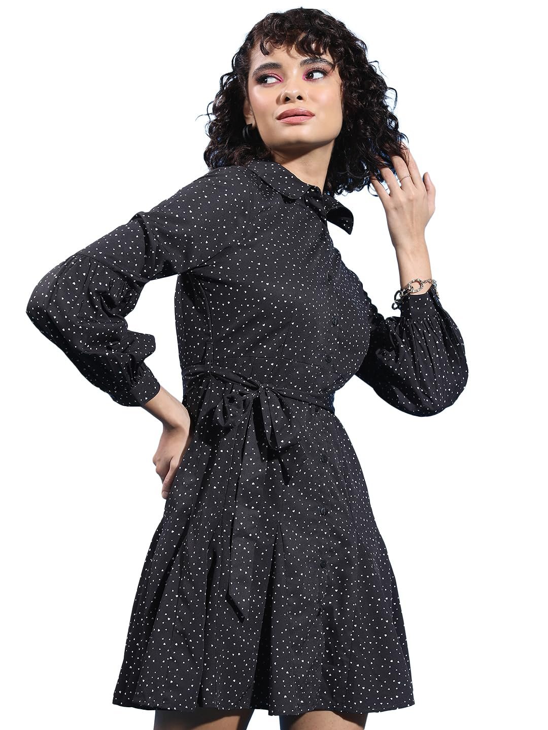 Tokyo Talkies Black & White Polka Dot Printed Cuffed Sleeves Shirt Dress