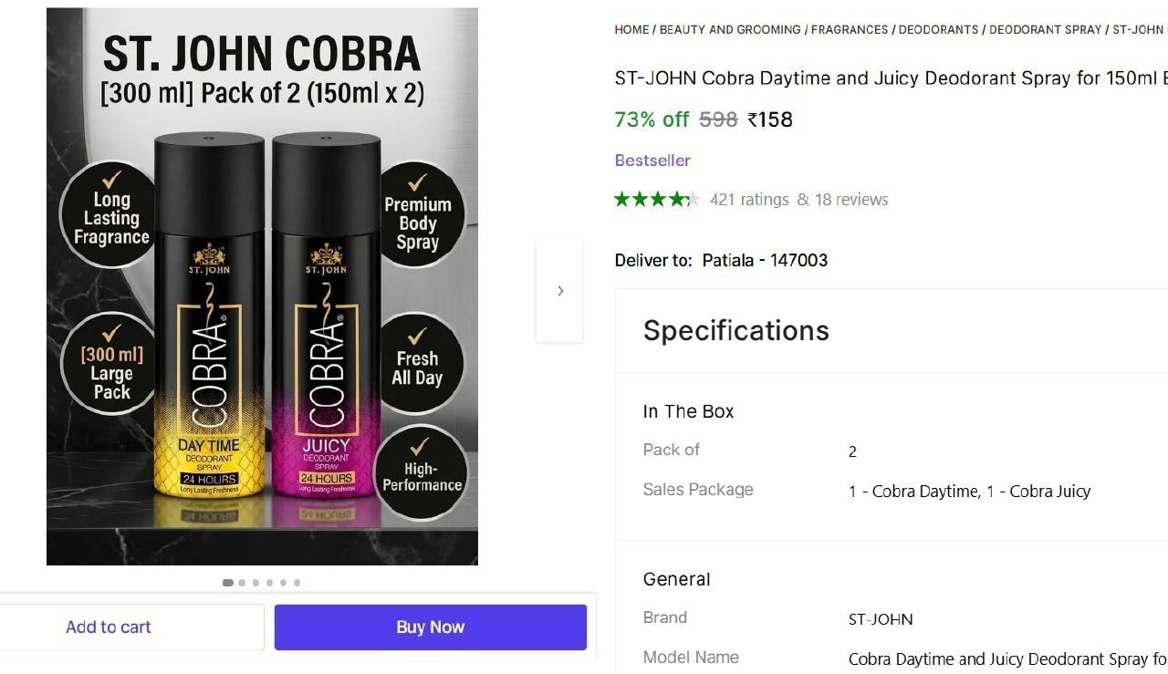 ST-JOHN Cobra Daytime and Juicy Deodorant Spray for 150ml Each Deodorant Spray  -  For Men & Women Price in India - Buy ST-JOHN Cobra Daytime and Juicy Deodorant Spray for 150ml Each Deodorant Spr