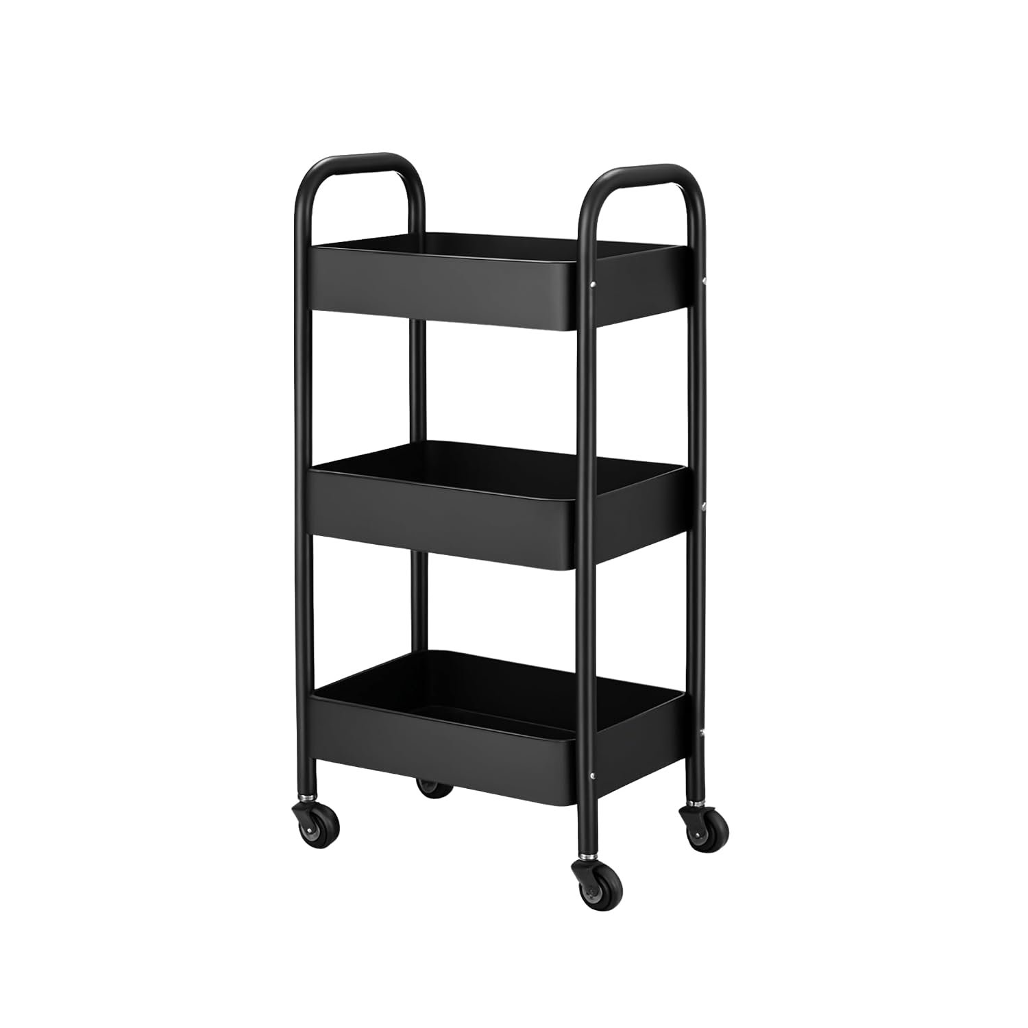 3-Layer Kitchen Trolley – Black Metal Storage Rack with Wheels, Tiered Shelves & Mesh Baskets – Multipurpose Rolling Cart for Vegetables, Fruits, Bathroom & Home Organization