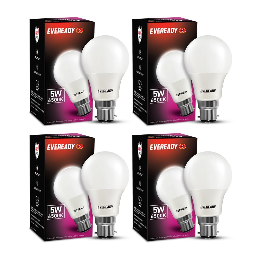 Eveready 5W LED Light Bulb | Long Life & Low Maintenance | Mercury-Free | High Efficiency & Glare-Free Light | 100 Lumens Per Watt | Cool Day Light (6500K) | Pack of 4| b22d