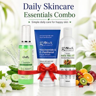 (Combo of 3) Globus Naturals Fruit Body Lotion (100ml) With Niacinamide & D-Panthenol Face Wash (50g) and Cucumber Toner (100ml)