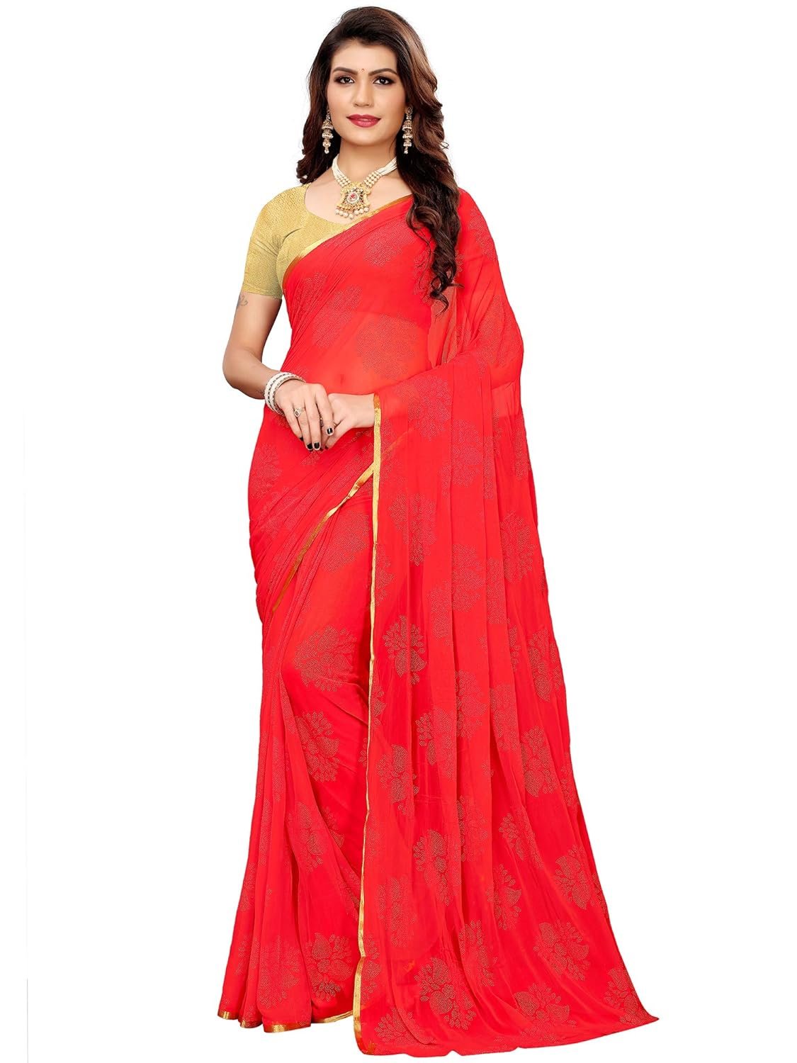 AKHILAM Women's Chiffon Woven Border Saree with Unstitched Blouse Piece